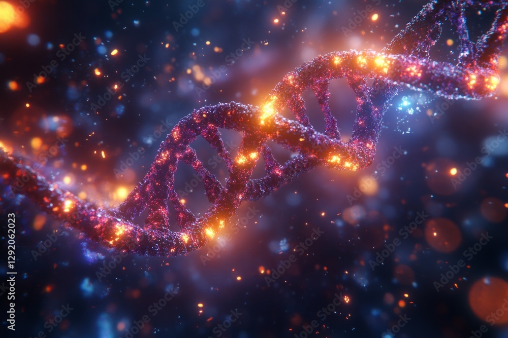 Aufkleber glowing particles surrounding a dna helix rotating in a microscopic environment