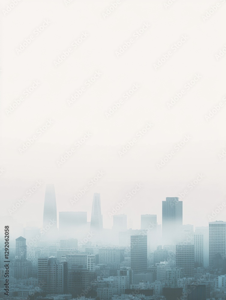 Aufkleber cityscape enveloped in heavy gray smog with silhouettes of buildings fading into the haze during day
