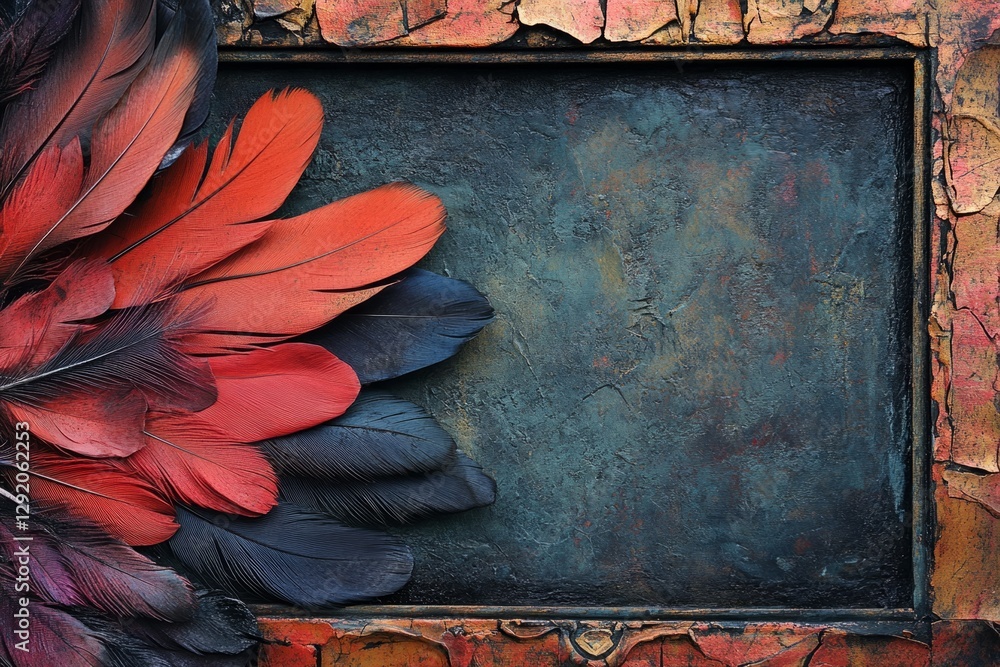 Poster red and black feathers creating a corner frame on a grunge background, offering copy space for text 