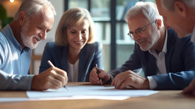 Senior business people signing documents in a collaborative meeting.