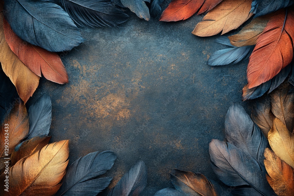 Poster vibrant feathers forming a border on a textured backdrop, offering copy space for text or design ele