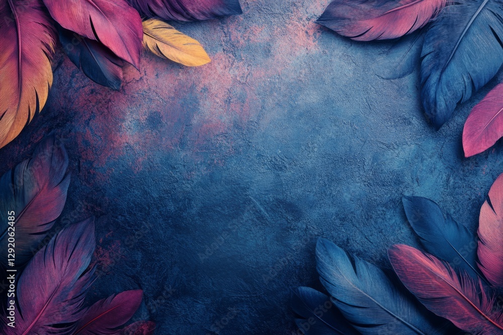 Poster vibrant feathers arranged on a textured background, forming a colorful frame with copy space