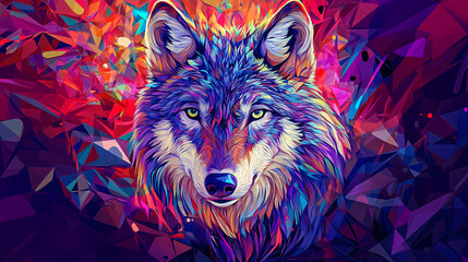 Naklejka premium A vibrant portrait of a wolf rendered in a mesmerizing abstract style, with a background composed of dynamic geometric shapes and a kaleidoscope of colors. Abstract Kaleidoscope Portrait. Illustration