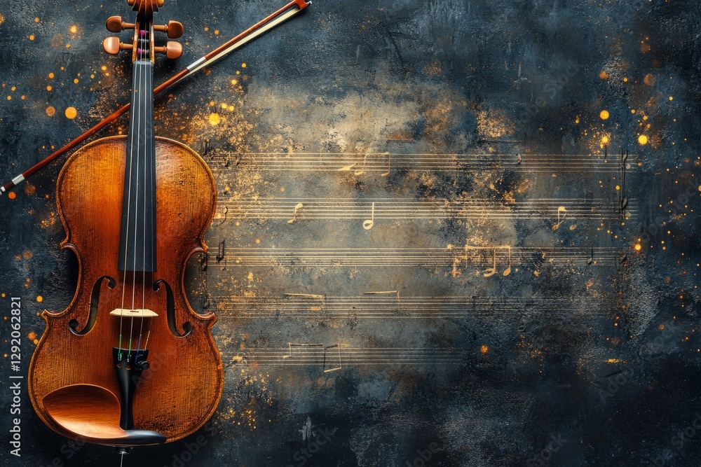 Poster violin and bow arranged on a textured surface with golden musical notes, creating an elegant and art