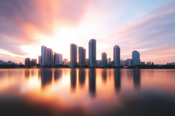 Fototapeta premium urban skyline reflected on calm water at sunset