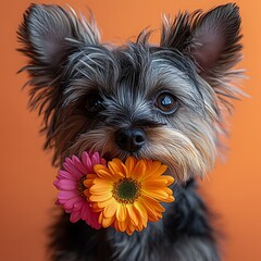 Yorkshire terrier with blooming flowers images