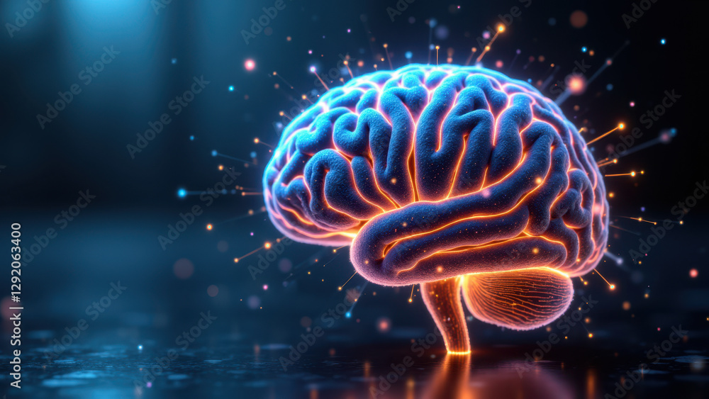 Poster an artistic representation of artificial general intelligence with a glowing brain amidst sparkles.