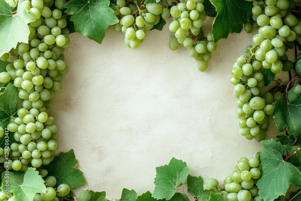 Poster bunches of ripe green grapes with vine leaves creating a frame on a neutral background, offering cop