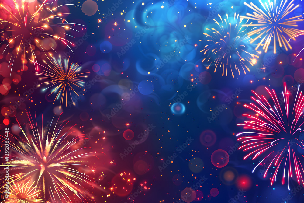 Poster festive fireworks display with colorful bokeh