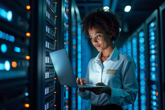 New Engineering working with a laptop in server room