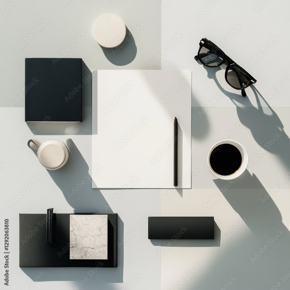 Aufkleber modern workspace setup with stationery, coffee, and stylish accessories in a minimalist display. gen