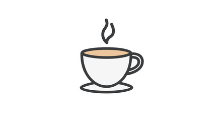 Hot coffee cup with steam. White ceramic cup on saucer with black outline. Cafe menu restaurant branding coffee shop logo. Minimalist flat vector monochrome white background