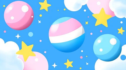 Spheres, clouds, stars pop on blue background; for kids' site/animation/celebration/presentation