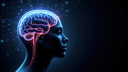 Obraz premium A digital artwork featuring a human head with glowing brain imagery, symbolizing artificial intelligence or AI.