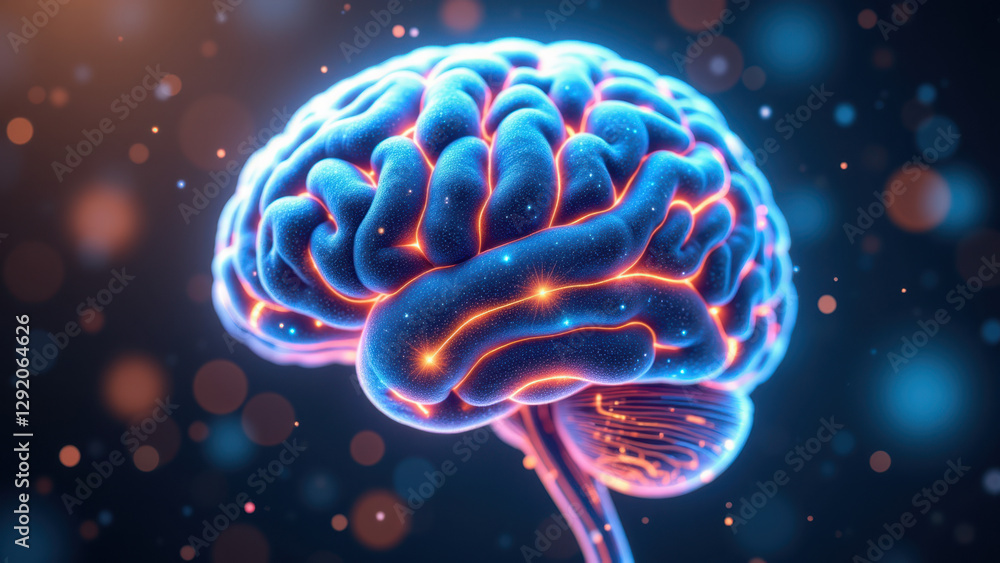 Poster a digital illustration of a brain with glowing, fiery neural patterns, representing artificial gener