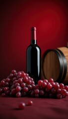 Obraz premium A stunning arrangement of a wine bottle, red grapes, and a wooden barrel, set against a rich red background, perfect for wine-related marketing and branding.