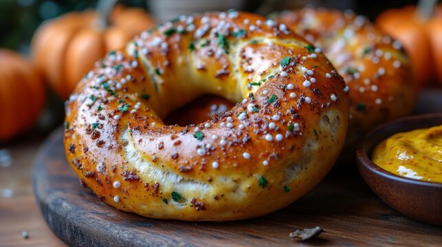 Close-up of a golden spiced pretzel with mustard and pumpkins for a fall-inspired snack. Generative AI