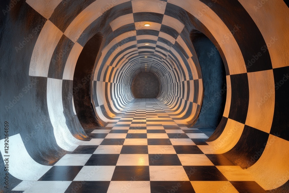 Aufkleber checkered tunnel with a checkered floor creating an optical illusion effect, leading to a mysterious