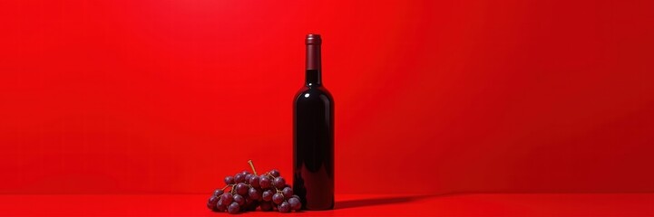 Obraz premium Elegant red wine bottle with grapes set against a vibrant red background, perfect for advertising, promotions, or editorial use related to wine and dining.
