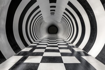 Obraz premium Checkered floor leads into a psychedelic circular tunnel with black and white stripes creating an optical illusion