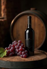 Obraz premium A sleek wine bottle with lush grapes on a wooden barrel, creating a rustic and inviting atmosphere perfect for vineyards, bars, and gourmet promotions.