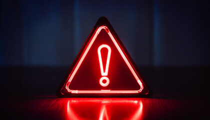 Glowing neon red triangle sign, exclamation point on dark. Warning indicator. Alert signal.