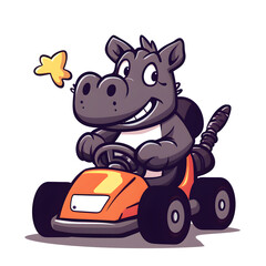 Nashorn im Go-Kart Cartoon-Stil