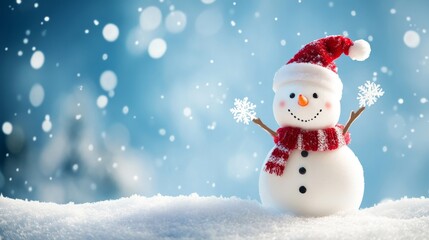 Fototapeta premium 3D cheerful snowman character on a blue background with snowflakes and snow. A cheerful banner for the celebration of merry winter holidays. Vector illustration.