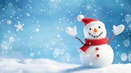 3D cheerful snowman character on a blue background with snowflakes and snow. A cheerful banner for the celebration of merry winter holidays. Vector illustration.