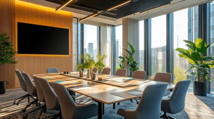 Fototapeta premium Team meeting in stylish boardroom with large windows