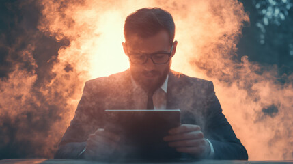 Businessman dressed in a sharp suit and tie, engaging with a tablet in a smoky room illuminated by warm orange light
