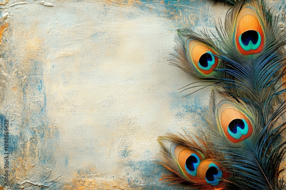 Poster vibrant peacock feathers arranged on a textured background, creating a colorful border with copy spa