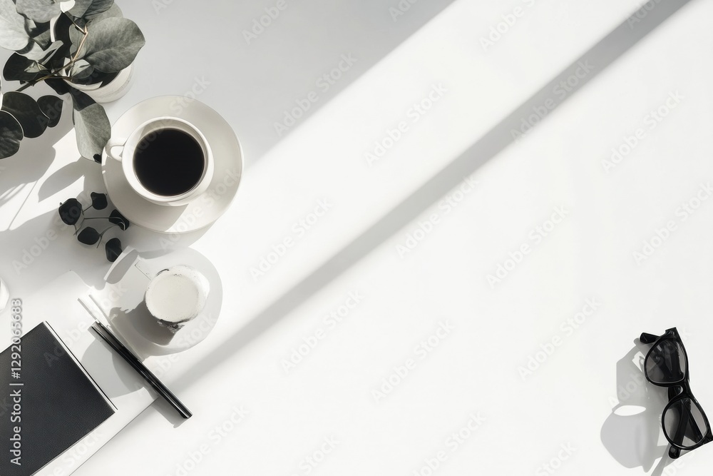 Poster coffee cup, notebook, and glasses arranged on a bright surface with shadows and greenery in a calm w