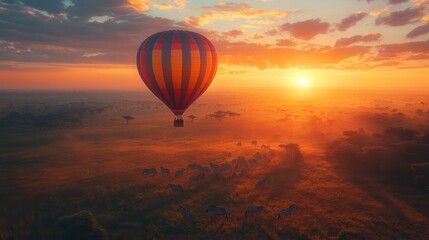 Obraz premium Hot Air Balloon Floating Over Scenic Landscape at Sunrise