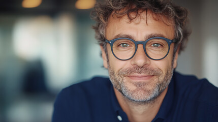 Fototapeta premium Close-up of a confident businessman smiling while wearing eyeglasses in a blurred office background