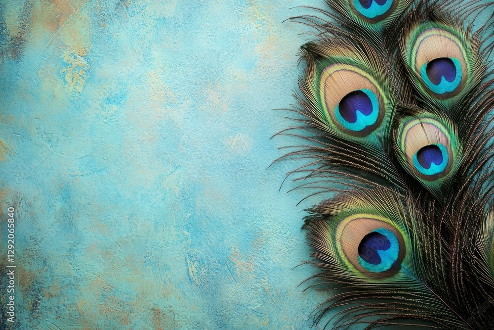 Poster vibrant peacock feathers arranged on a textured teal background creating a striking image with copy 