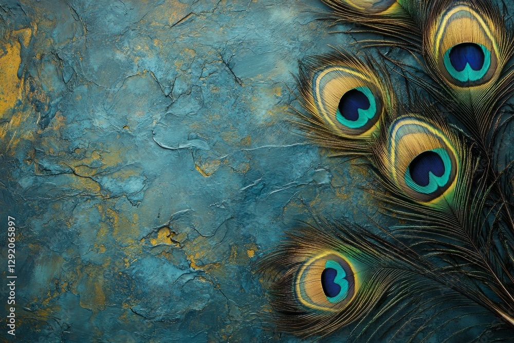 Poster vibrant peacock feathers are arranged on a textured background, showcasing a captivating interplay o