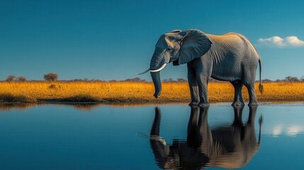 Fototapeta premium African Elephant Reflecting in Still Water