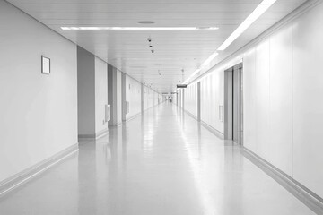 Empty hospital corridor presented in a front view.