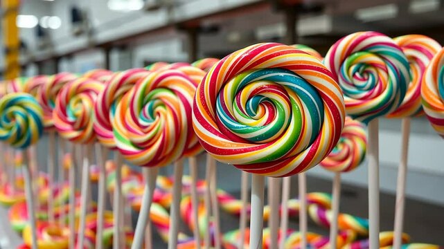Array of Multi Colored Striped Spiral Lollipops on Sticks with Circular Pattern in a Row Delicious Treat for Parties