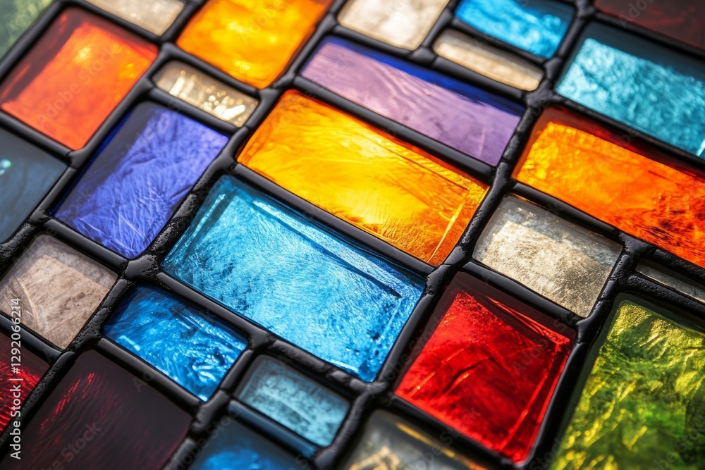 Poster close-up of a colorful stained glass window forming an abstract geometric pattern with rectangles