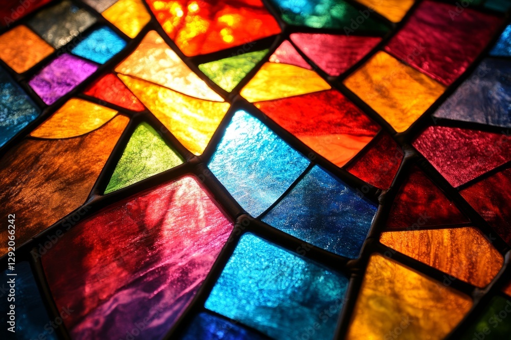 Poster close-up of a colorful stained glass window forming an abstract geometric pattern with rectangles