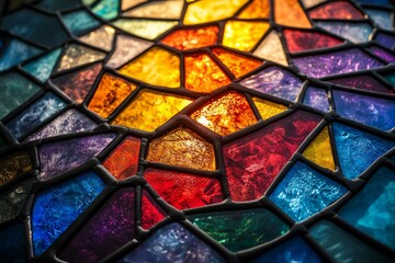Backlit stained glass window with irregular colorful pattern creating beautiful light effects