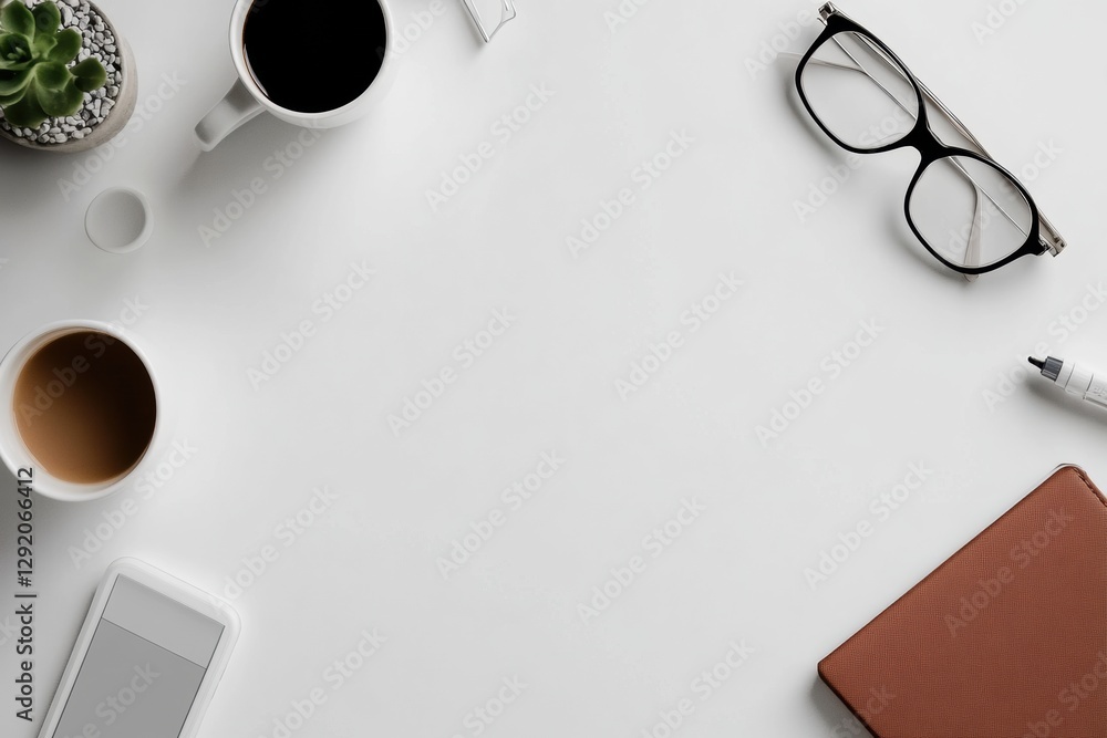 Poster desk setup featuring coffee cups, glasses, and a notebook in a modern workspace during the daytime. 