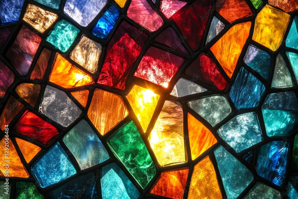 Poster beautiful stained glass window mosaic with sunlight shining through, creating a vibrant and colorful