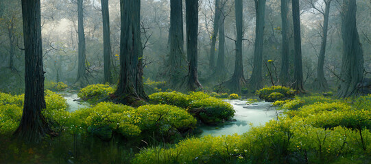 Fototapeta premium Moss green foliage wetland forest with tall trees