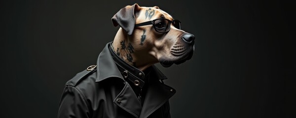 A stylish dog wearing sunglasses and a coat, exuding a playful yet cool demeanor, perfect for eye-catching marketing and branding campaigns.