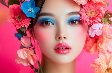 Asian woman with radiant blue eyeshadow, glossy lips, and striking blue eyes, surrounded by vibrant multicolored flowers. pink background
