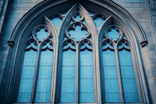 Ornate stone tracery surrounds a beautiful stained glass window in a gothic revival style building