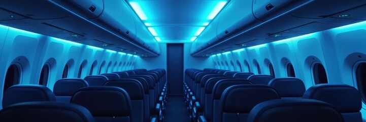 Fototapeta premium Illuminated airplane interior showcasing modern seating and ambient blue lighting, creating a serene and stylish atmosphere for travelers.